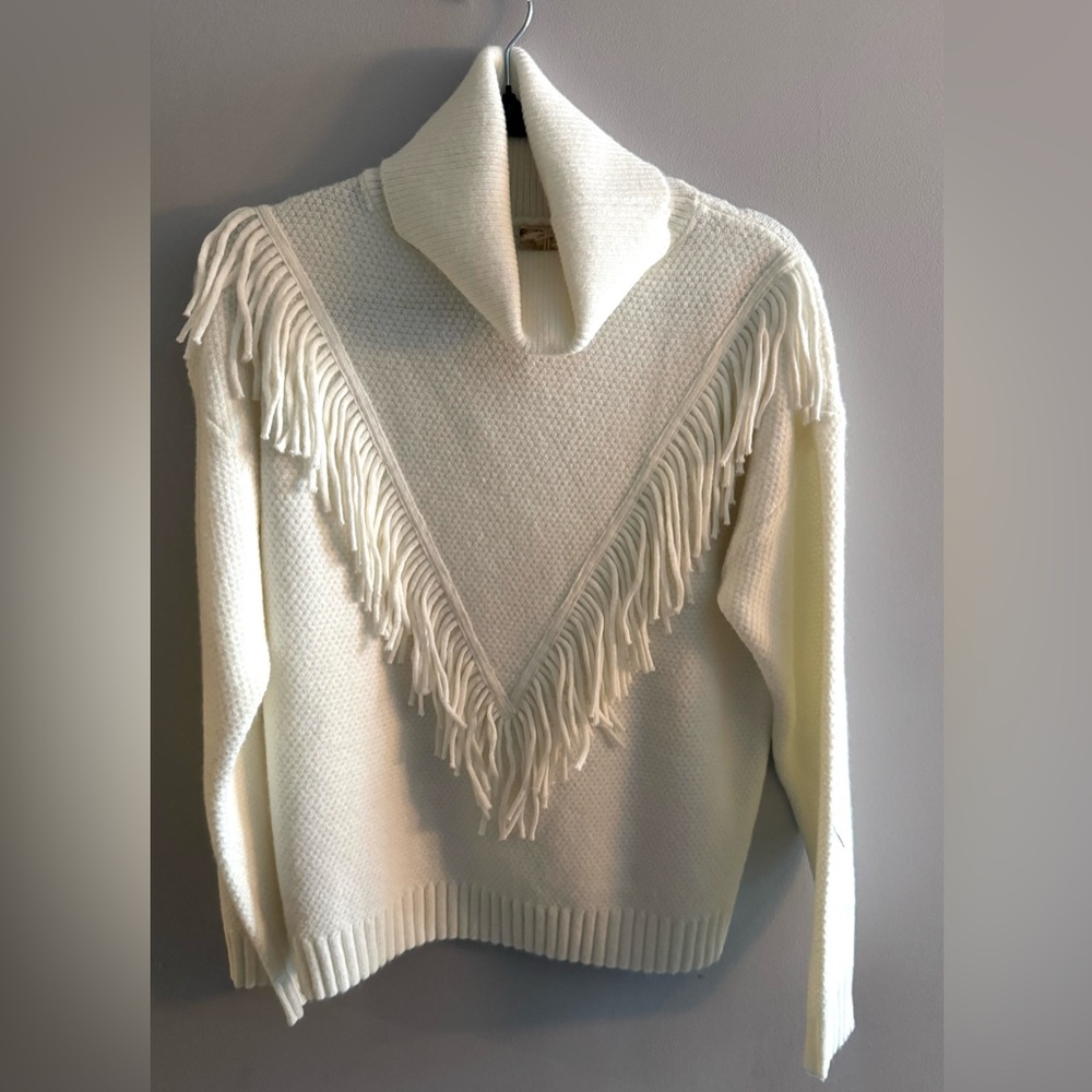 Hem & Thread White Fringe Turtleneck Sweater